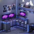 Bureau Gaming LED en Forme de L avec Prises Intégrées et Support Moniteur Ergonomique