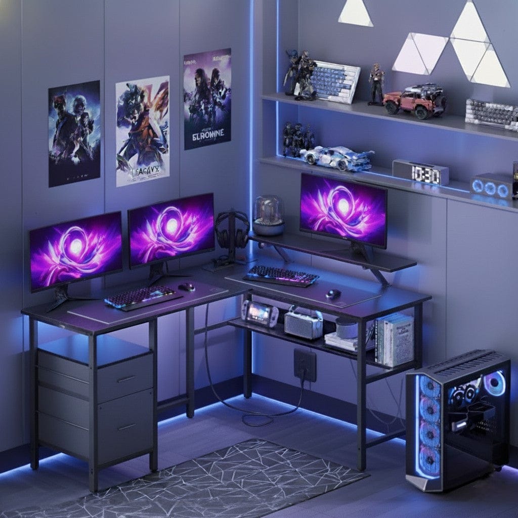 Bureau Gaming LED en Forme de L avec Prises Intégrées et Support Moniteur Ergonomique