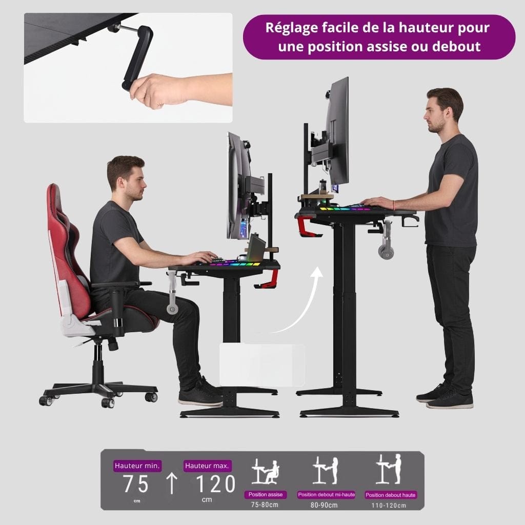 Bureau Gaming LED Réglable en Hauteur - Station de Travail Ergonomique RGB