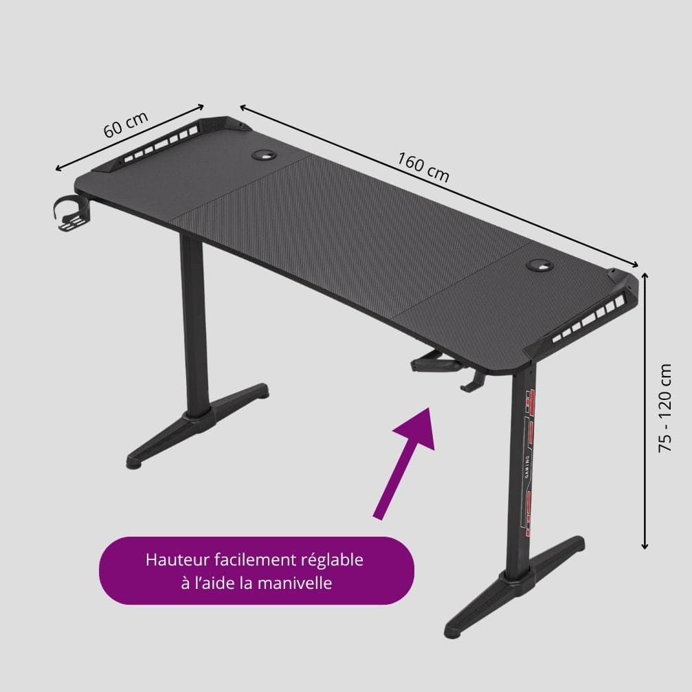 Bureau Gaming LED Réglable en Hauteur - Station de Travail Ergonomique RGB