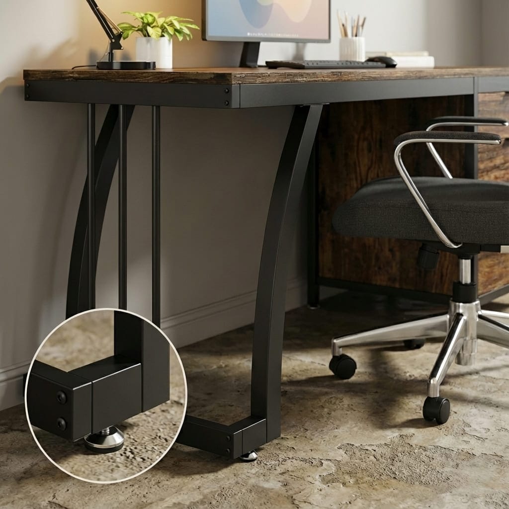 Gros plan sur le pied en métal noir du bureau industriel 150x50cm, montrant le détail des patins ajustables qui assurent la stabilité du meuble sur un sol en béton irrégulier.
