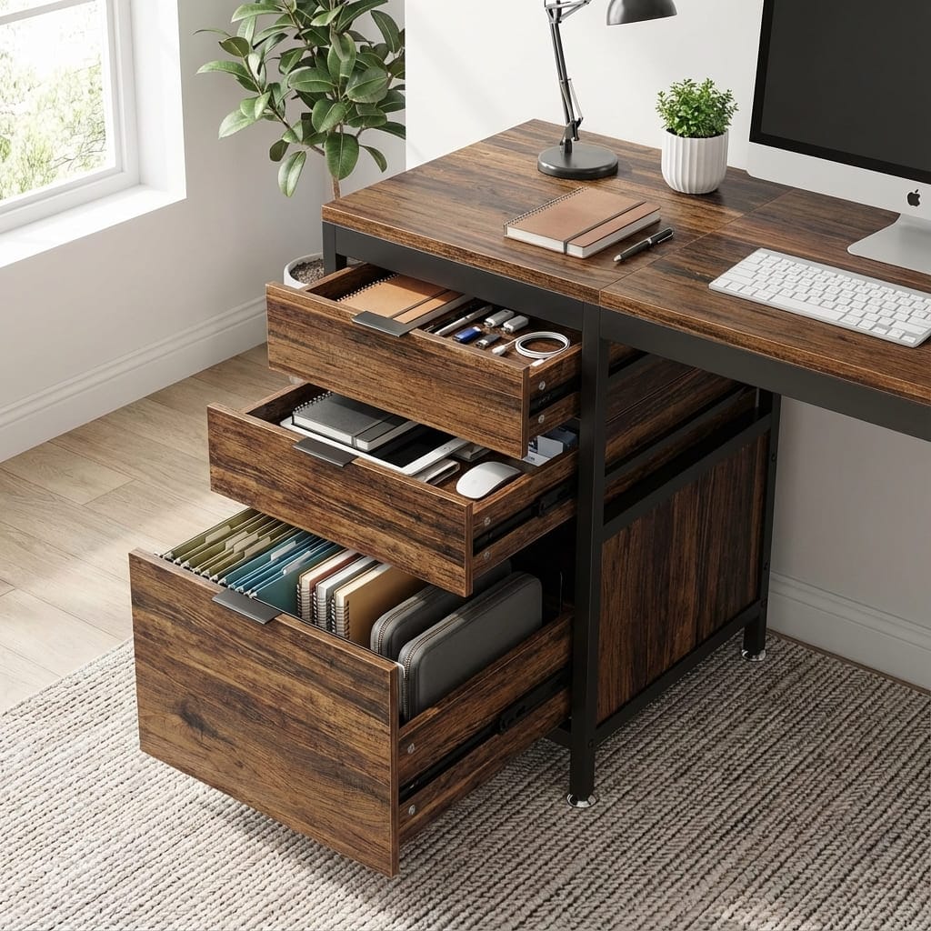 Bureau industriel en bois foncé et métal noir 150x50cm, vu de face, avec le bloc de 3 tiroirs et le caisson de rangement positionnés sur le côté gauche du bureau, le tout sur un fond blanc.