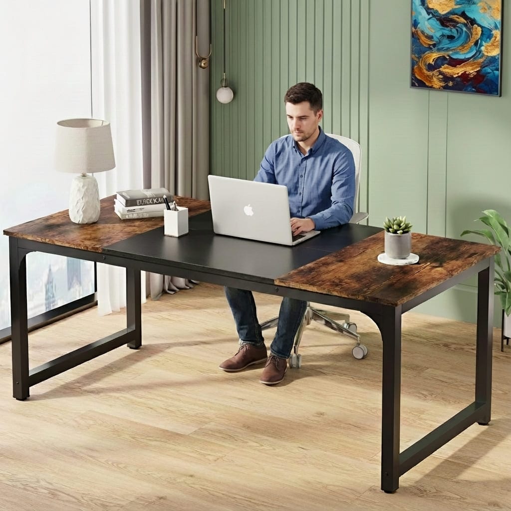 Homme travaillant sur un ordinateur portable au centre d'un grand bureau de 180 cm au design industriel. Le plateau est tripartite avec un centre noir mat et des extrémités en bois rustique brun, soutenu par une structure robuste en acier noir dans un bureau lumineux.