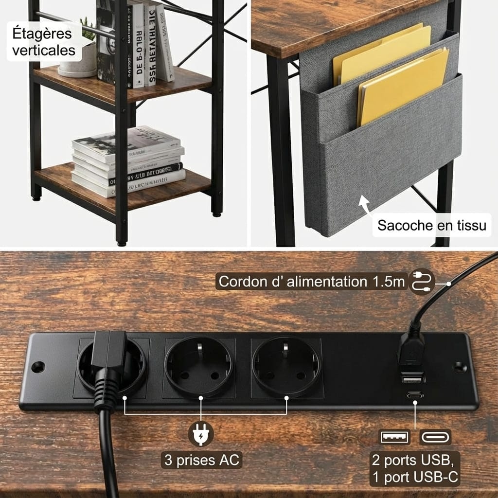 Gros plan sur les fonctionnalités pratiques du bureau : le hub avec 3 prises AC et ports USB/USB-C, les étagères de rangement verticales et la sacoche latérale en tissu gris.