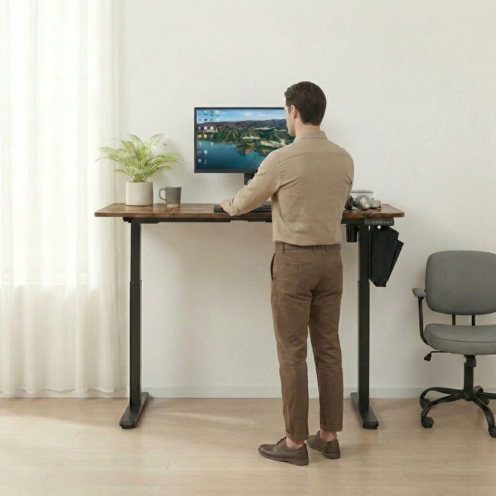 Utilisation en position debout du bureau réglable en hauteur 72-120cm avec porte-documents latéral.