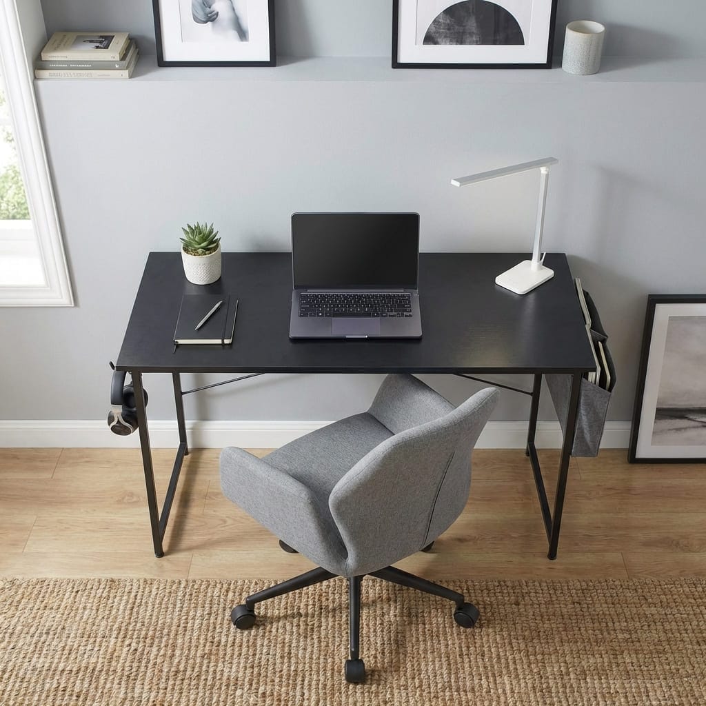 Vue d'ensemble d'un poste de télétravail avec le bureau bois MDF noir, une chaise de bureau grise et un tapis en jute.