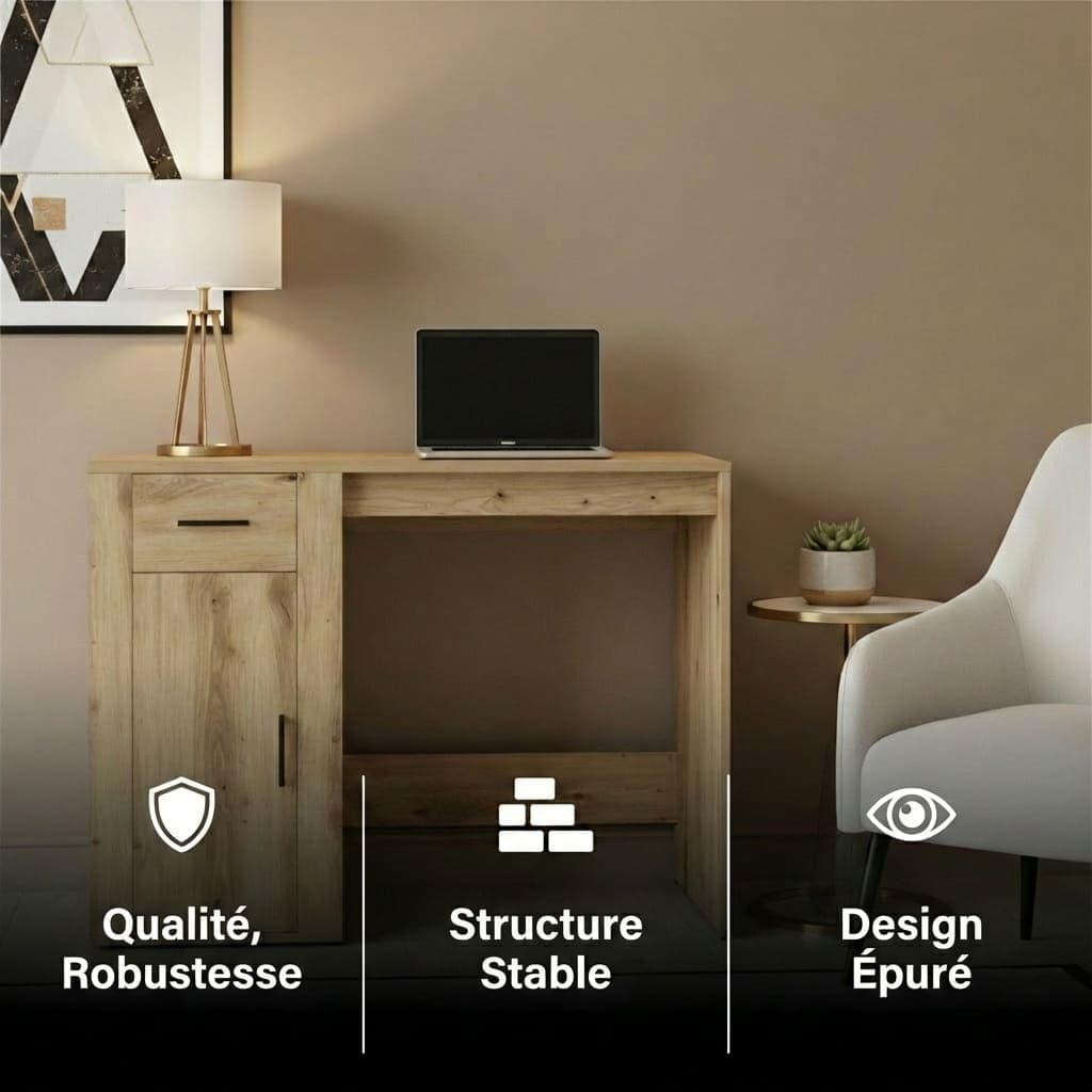 Mise en situation du bureau en bois moderne effet chêne artisan dans un salon, soulignant son design épuré, sa qualité et sa structure stable.