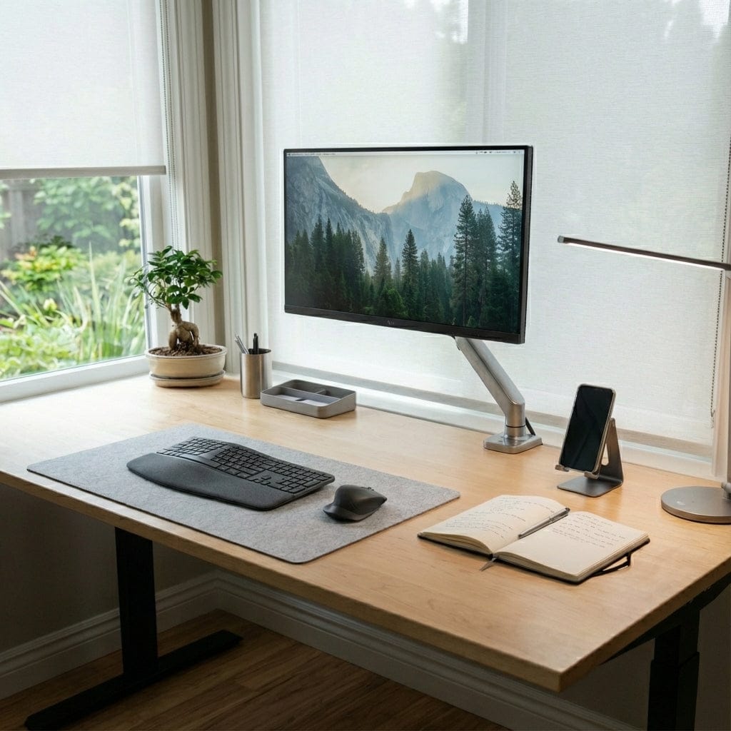 Bureau de travail moderne et minimaliste en bois clair, avec un grand moniteur sur bras ergonomique et un clavier sans fil sur un tapis de souris en feutre gris. L'aménagement de bureau est près d'une fenêtre avec une vue sur la verdure. On voit aussi un carnet ouvert et un bonsaï