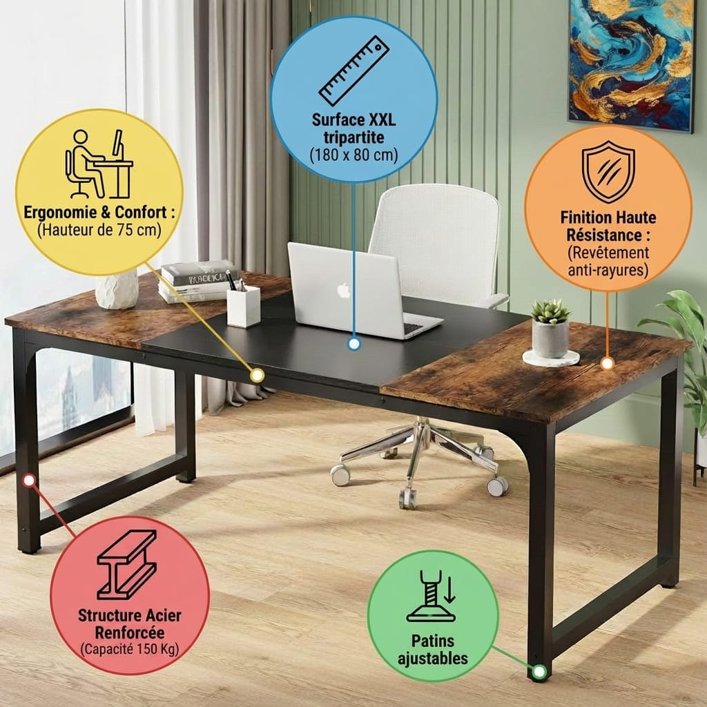 Visuel promotionnel d'un bureau de style industriel avec des annotations techniques mettant en avant ses caractéristiques principales. Le bureau présente un grand plateau de 180 x 80 cm composé de trois sections : une partie centrale noire et deux parties latérales en bois rustique brun.