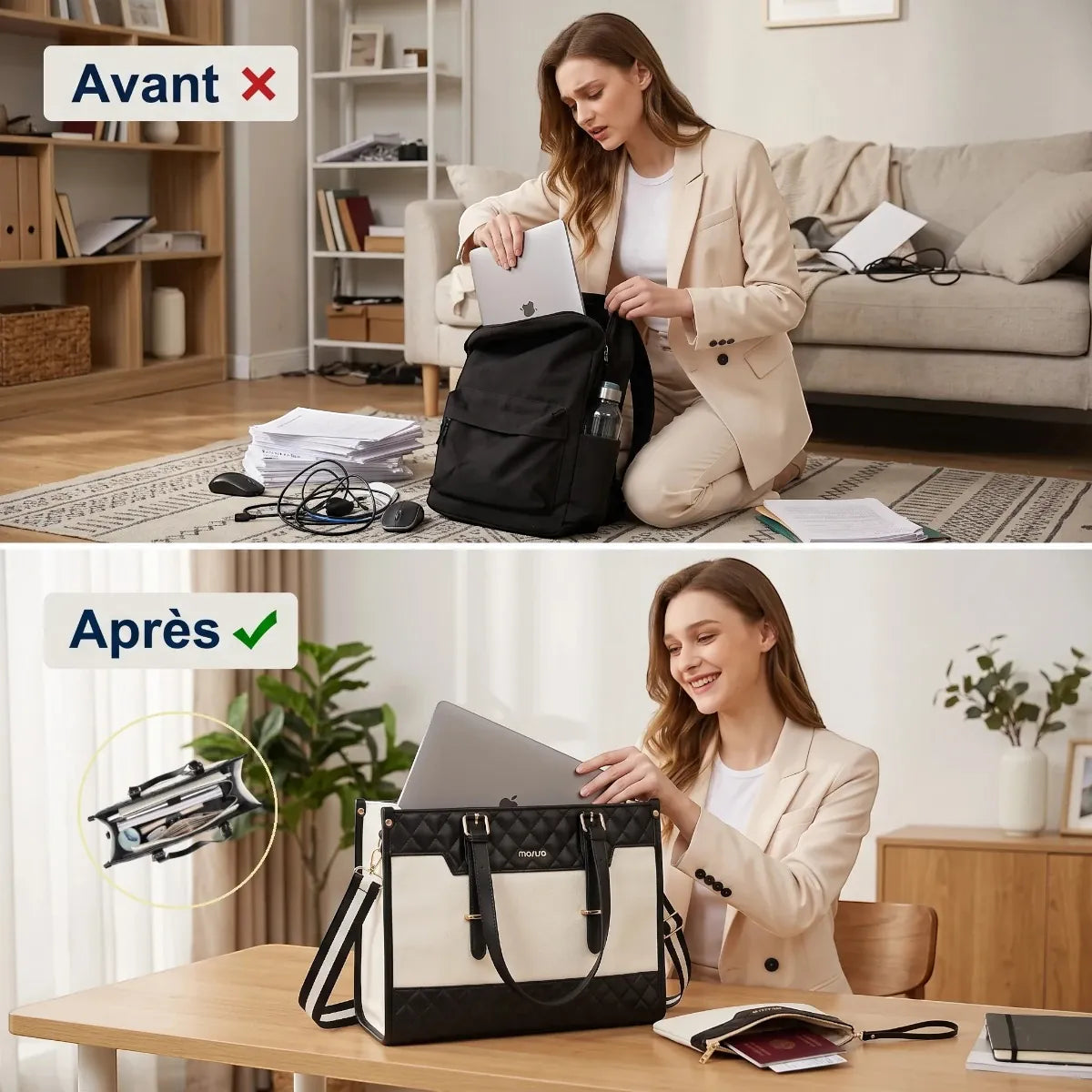 Cabas ordinateur femme Gemi - Comparatif avant/après avec un sac à dos classique (Organisation et sérénité)
