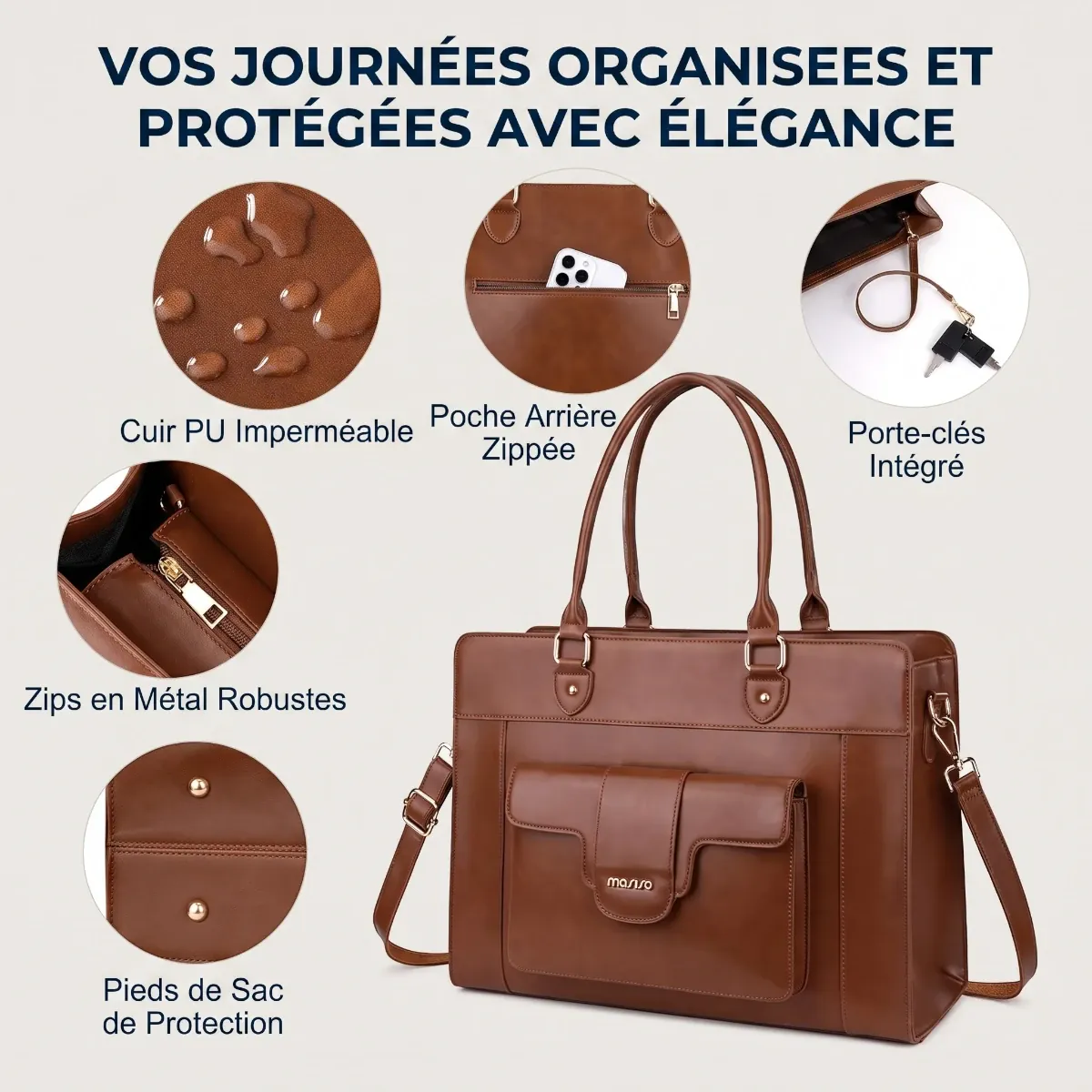 Zoom sur le cuir PU imperméable et les détails de protection du cabas ordinateur femme Duora
