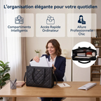 Infographie des bénéfices du cabas ordinateur femme Matelya accès rapide et allure chic