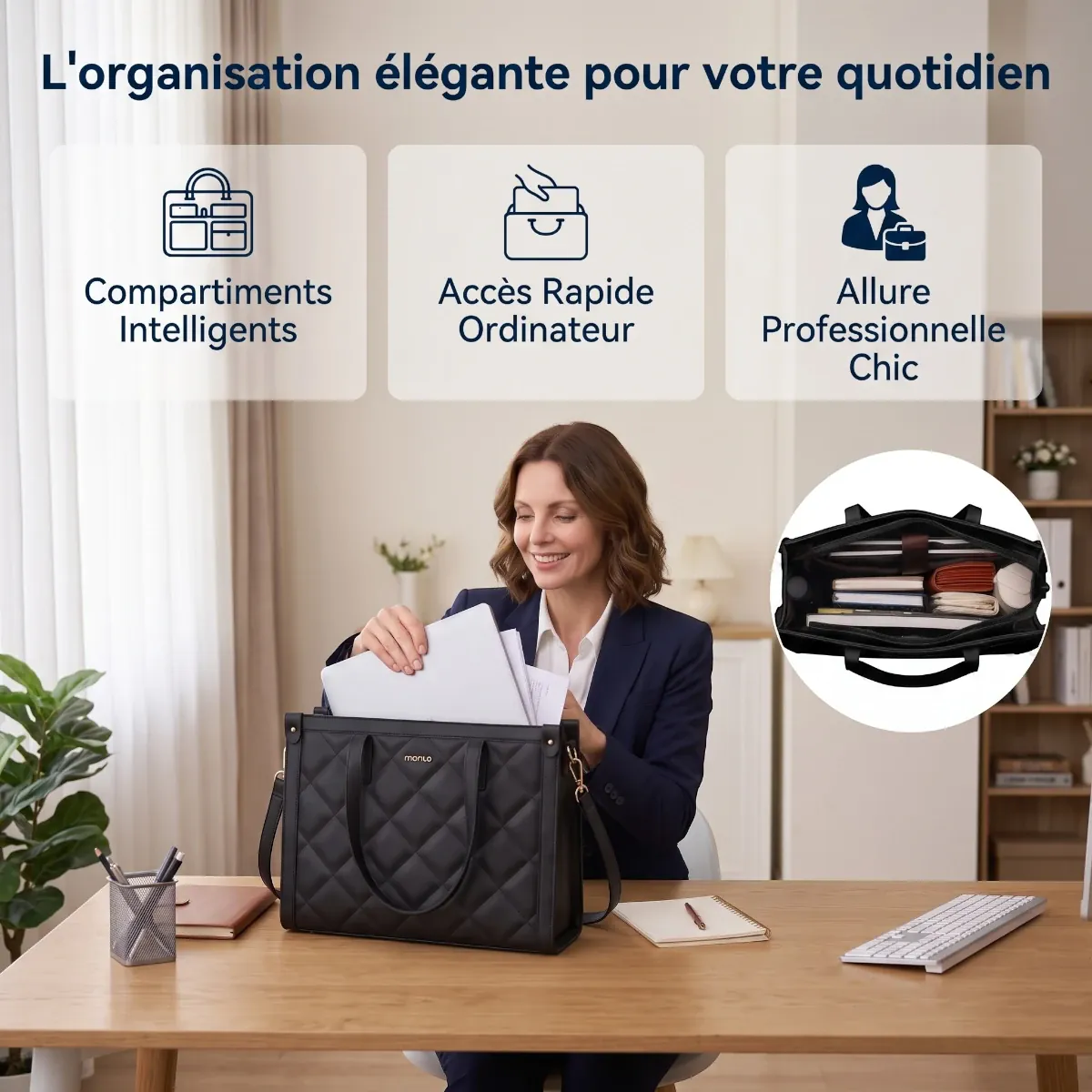 Infographie des bénéfices du cabas ordinateur femme Matelya accès rapide et allure chic