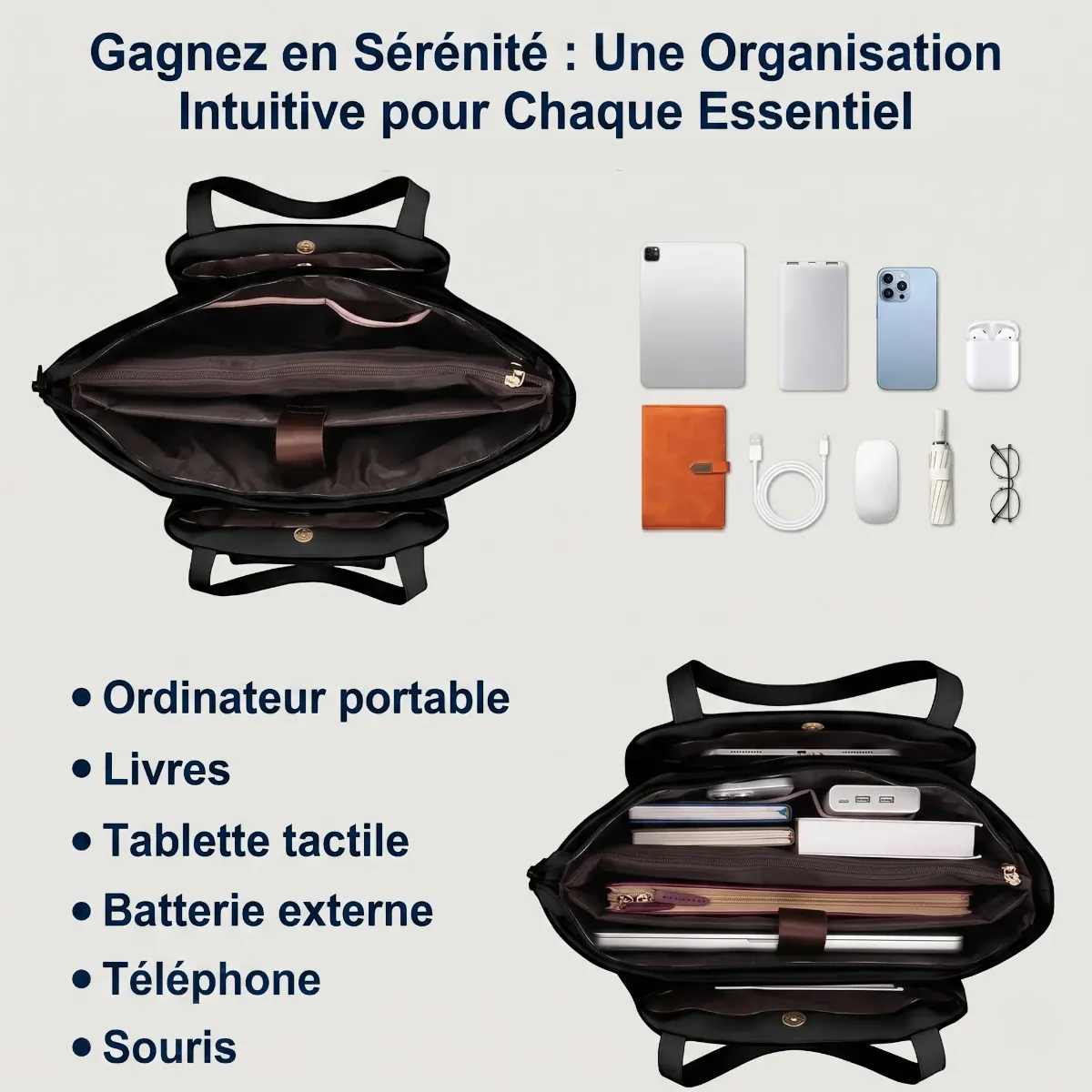 Cabas ordinateur femme Altessa - Compartiments intérieurs et mezzanines de rangement