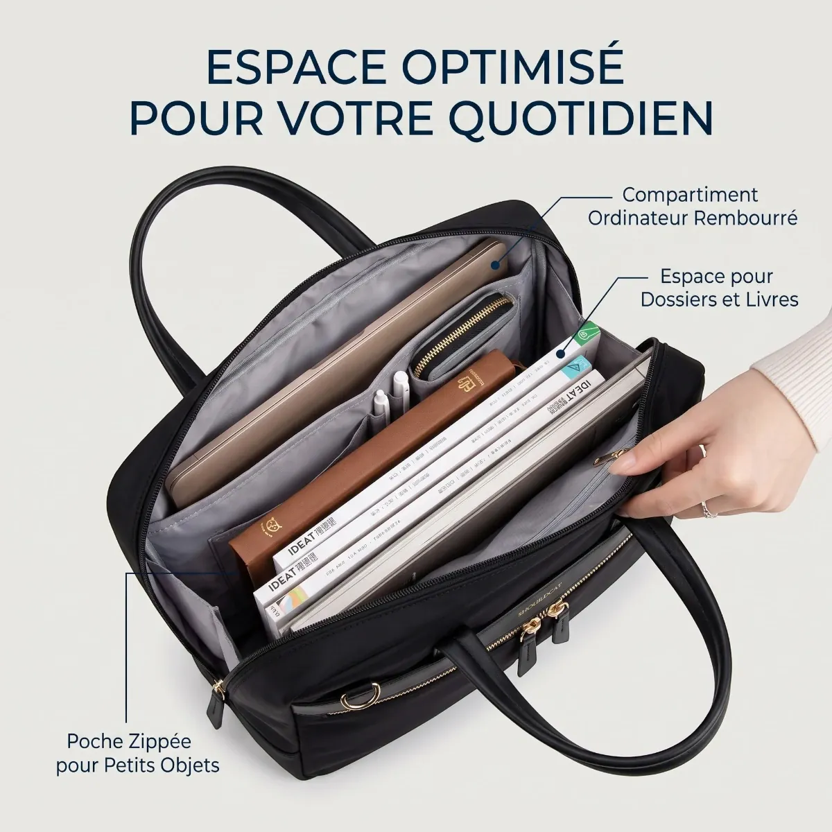 Compartiments internes et rangements du cabas ordinateur femme Sérénia