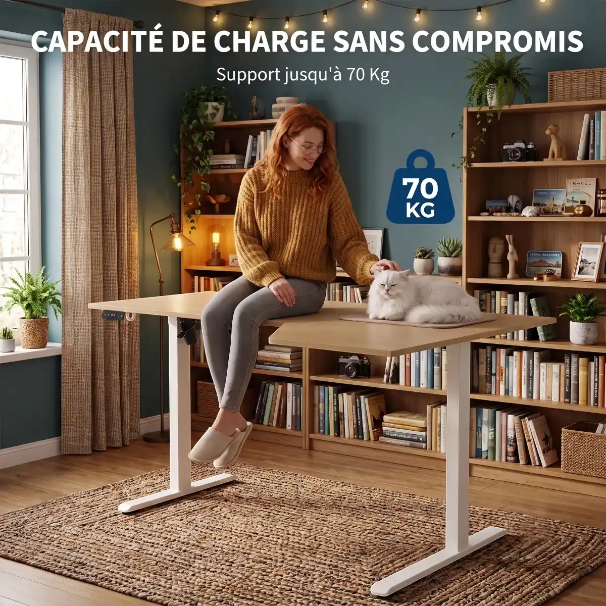 Infographie illustrant la capacité de charge maximale de 70 kg sans compromis du bureau d'angle assis-debout Kinetik-L.