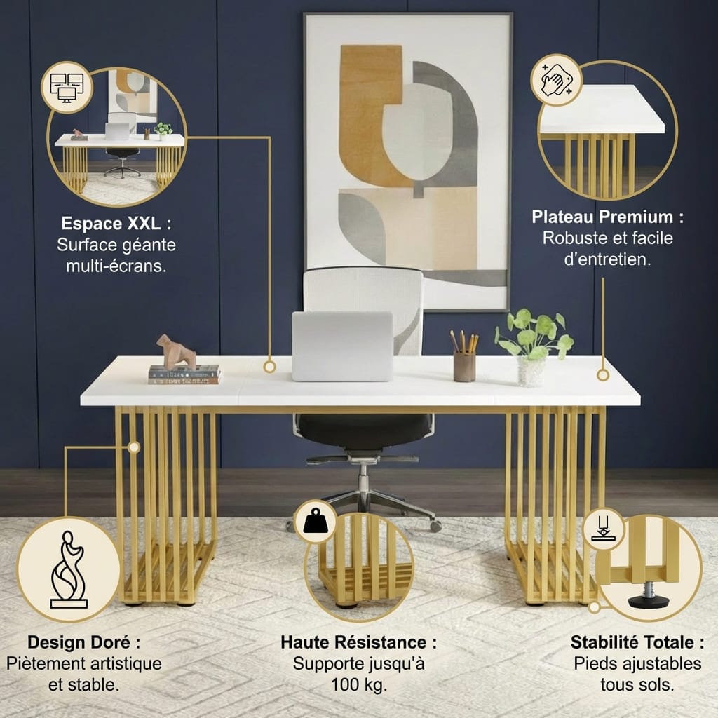 Infographie du bureau exécutif soulignant la surface XXL, le plateau premium et la résistance de 100kg.