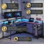 Infographie des fonctionnalités : bureau d'angle modulable avec hub électrique, éclairage LED synchronisé, ergonomie premium et structure robuste.