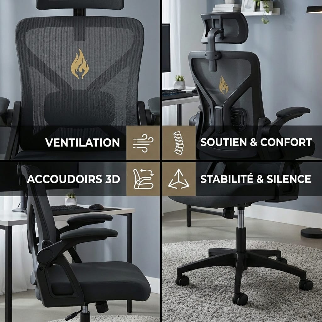 Zoom sur la ventilation, les accoudoirs 3D et le confort de la Chaise Ergonomique de Bureau avec Appui-Tête Réglable et Support Lombaire - Dossier Mesh Respirant.