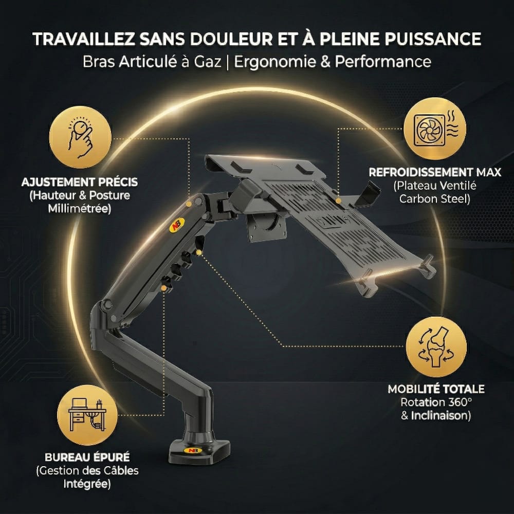 Infographie des bénéfices du support NB Elite : refroidissement max, mobilité 360° et gestion des câbles intégrée.