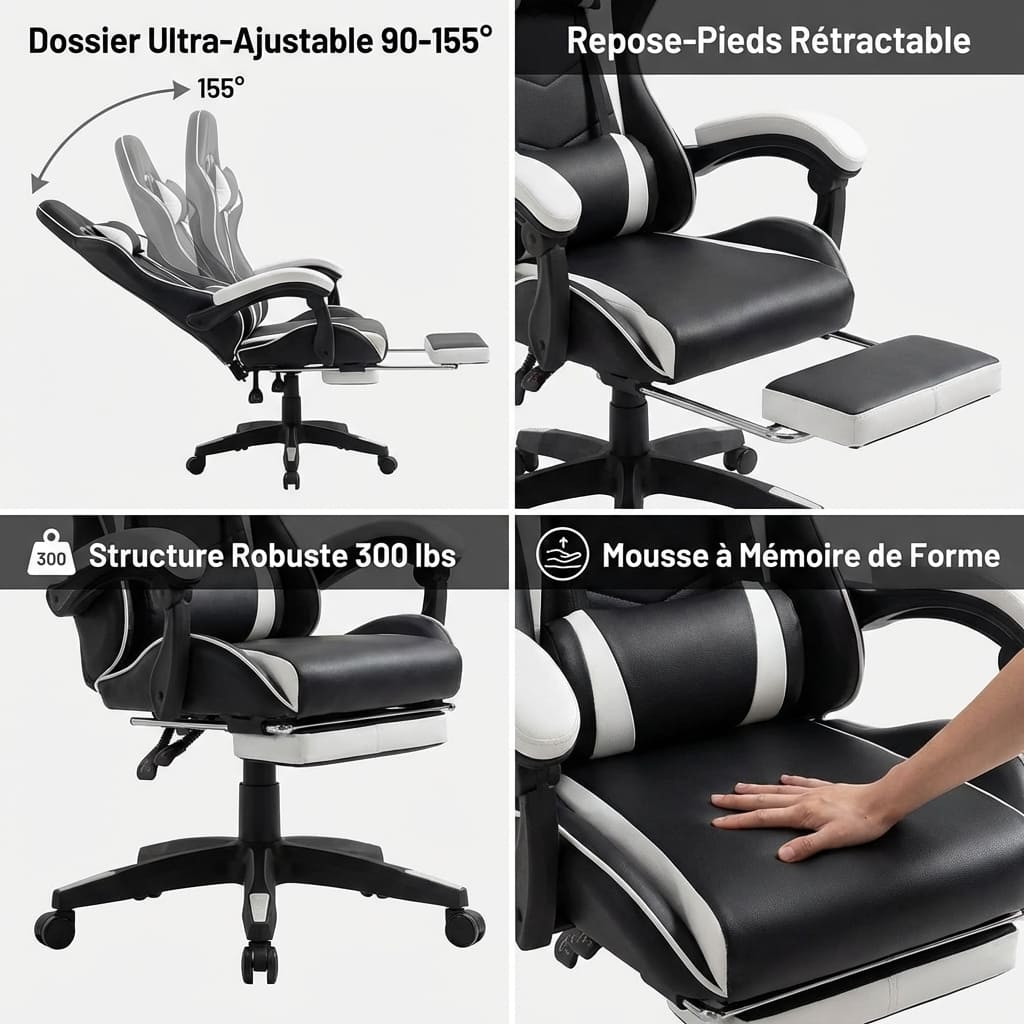Collage des fonctionnalités de la chaise : dossier inclinable à 155°, repose-pieds rétractable, structure robuste de 300 lbs et assise en mousse à mémoire de forme.