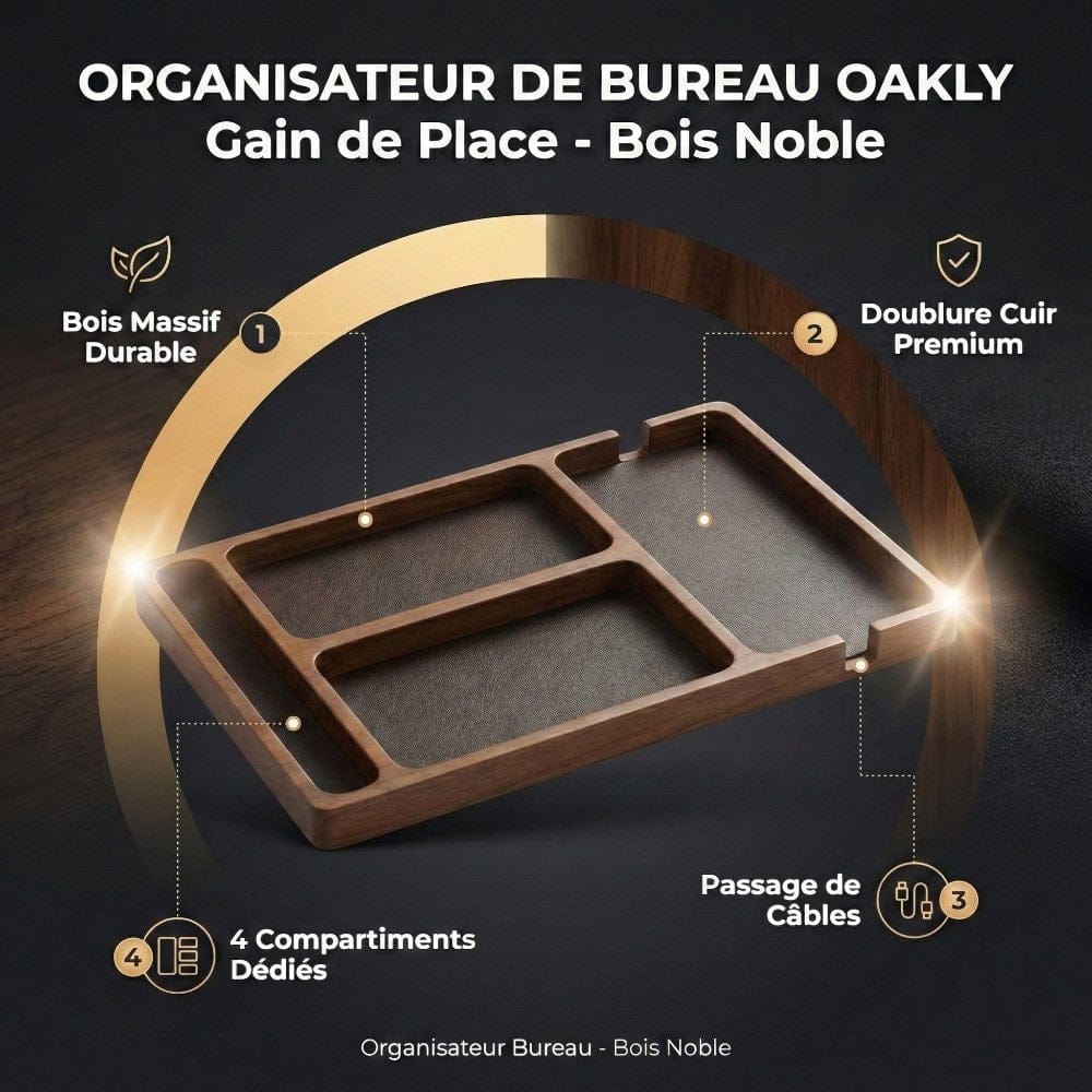 Infographie des caractéristiques de l'organisateur de bureau OAKLY : bois massif, cuir premium et passage de câbles.