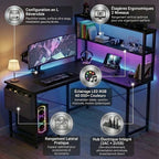 Infographie présentant les points forts du bureau d'angle réversible : configuration en L flexible, étagères ergonomiques, LED 60 000 couleurs et hub électrique intégré.