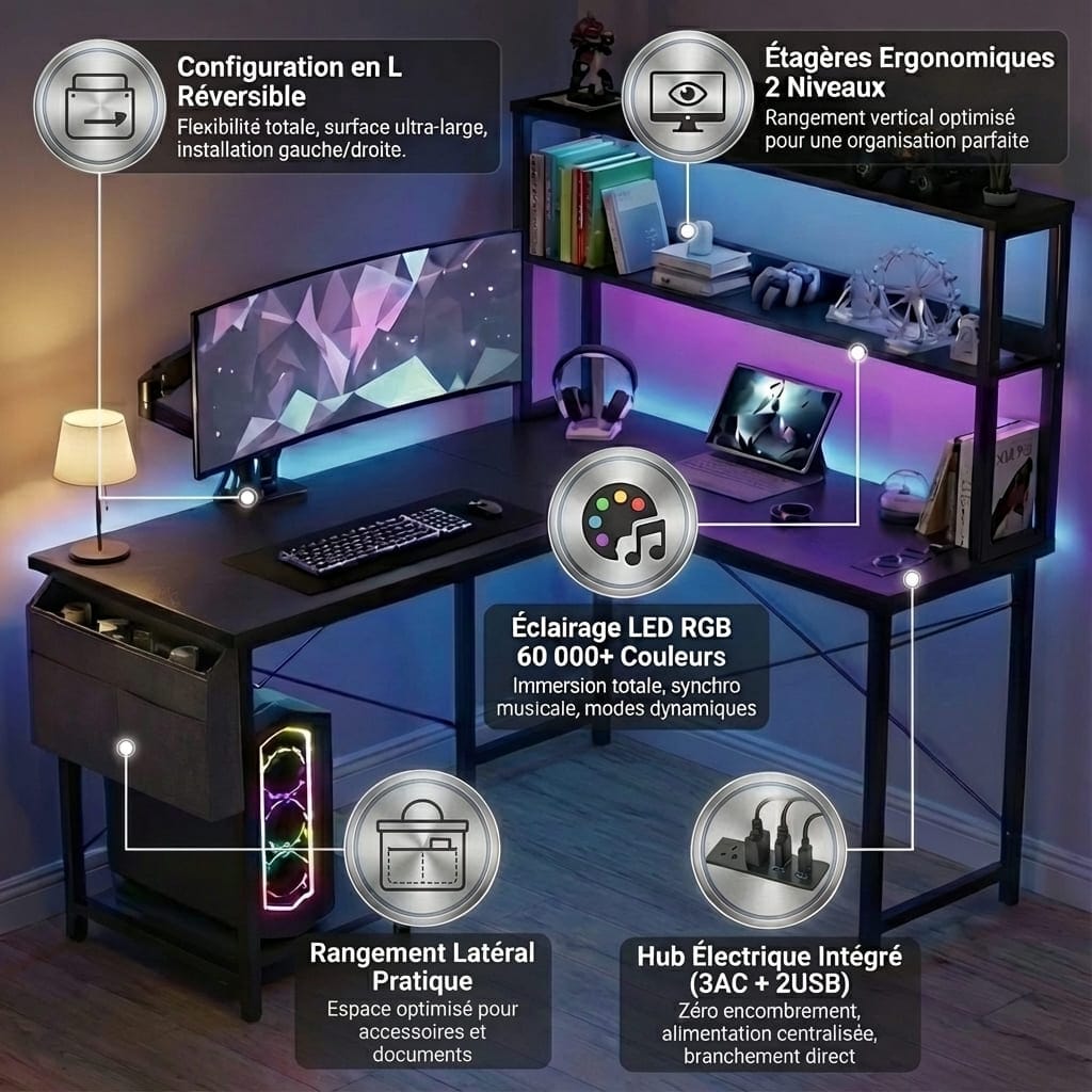 Infographie présentant les points forts du bureau d'angle réversible : configuration en L flexible, étagères ergonomiques, LED 60 000 couleurs et hub électrique intégré.