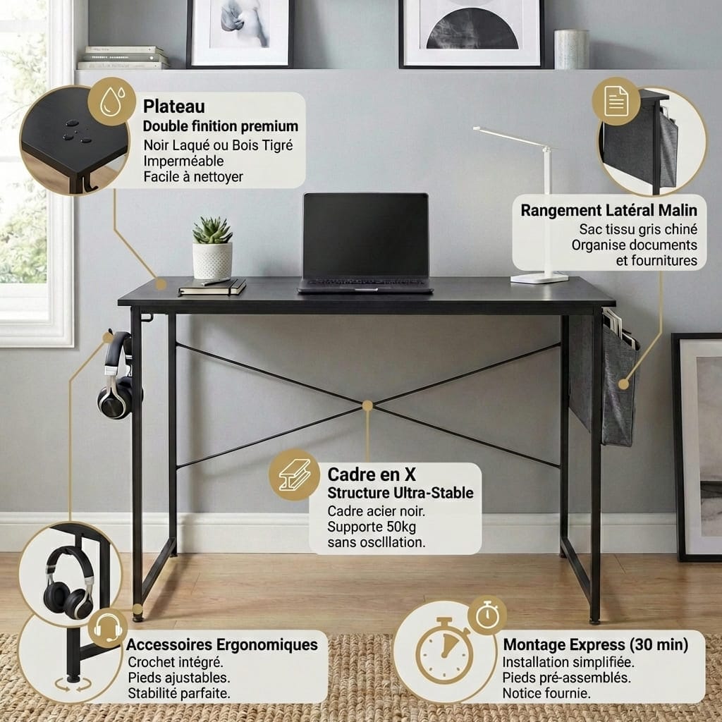 Infographie détaillée des avantages du bureau : plateau waterproof, cadre en X stable, rangement latéral et montage rapide.