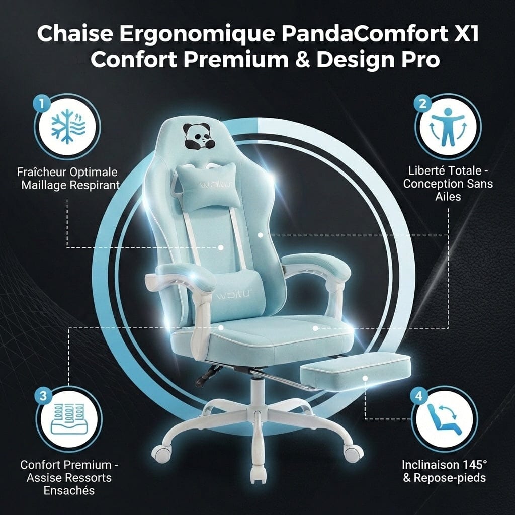 Infographie des points forts : inclinaison 145°, ressorts ensachés et design sans ailes de la PandaComfort X1.