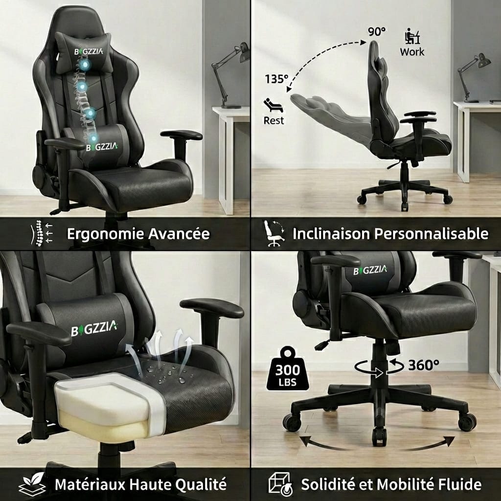 Infographie montrant l'inclinaison à 135 degrés et la rotation à 360 degrés de la chaise ergonomique.