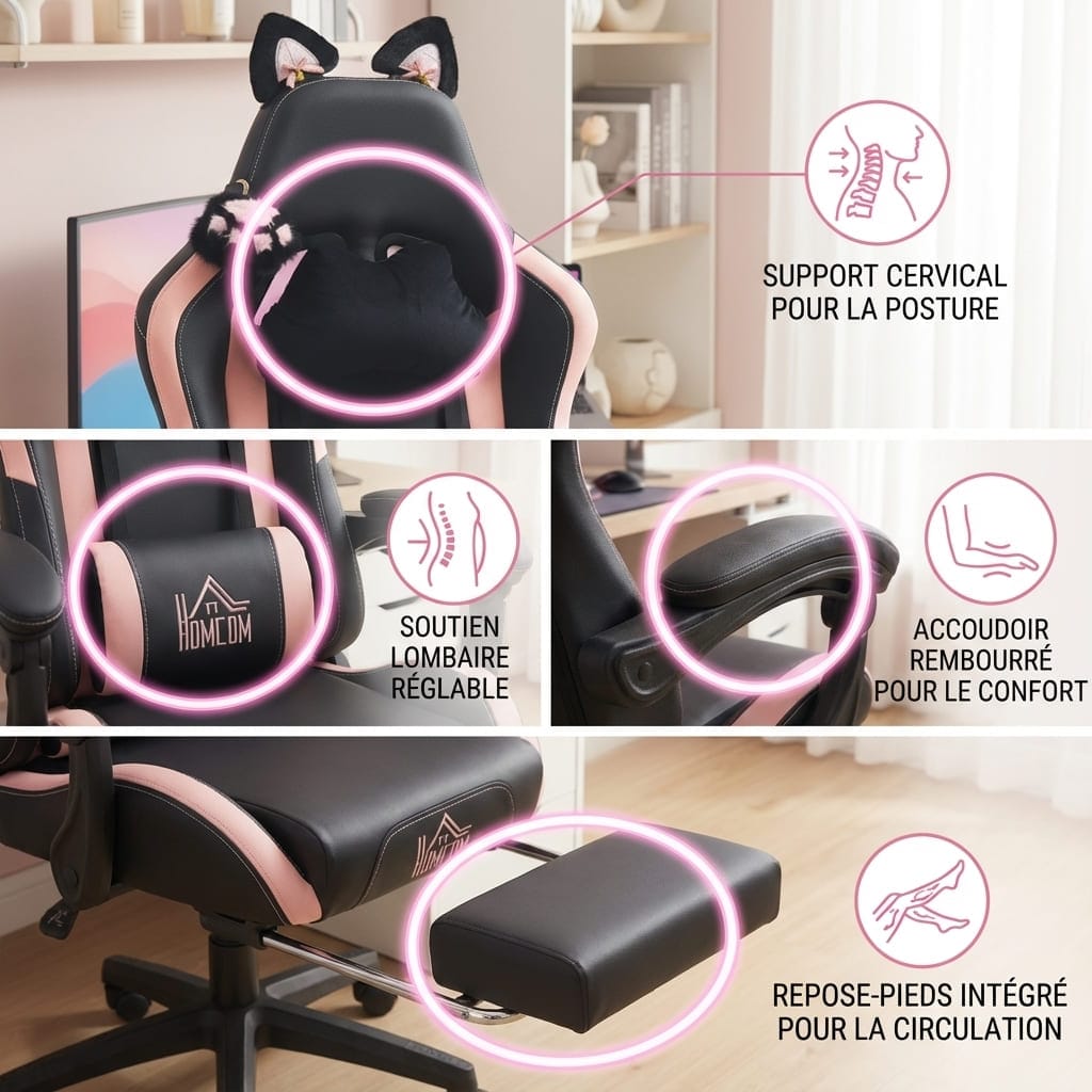 Infographie des points forts : soutien cervical, lombaire, accoudoirs confort et repose-pieds intégré.
