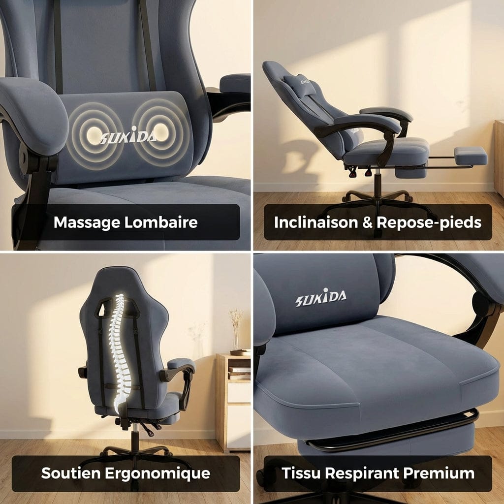 Infographie des fonctions : massage lombaire, inclinaison et tissu respirant SUKIDA.