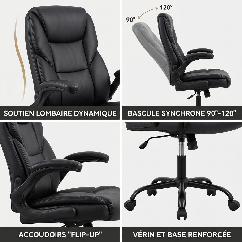 Détails techniques du siège de bureau : soutien lombaire dynamique, bascule synchrone de 90 à 120 degrés, accoudoirs flip-up et base en métal renforcée.