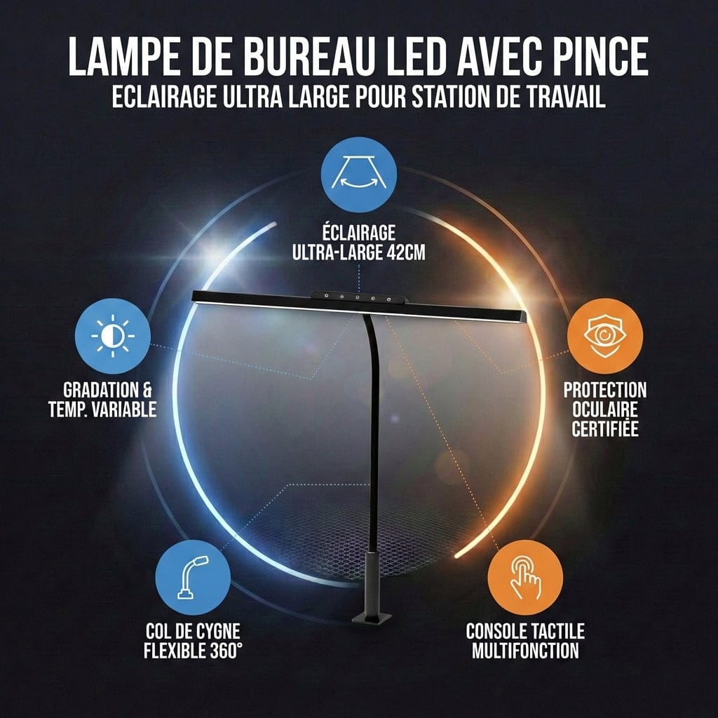 Vue d'ensemble des caractéristiques : éclairage 42cm, col de cygne 360°, protection oculaire et console tactile de la lampe de bureau LED.