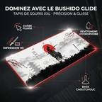 Infographie technique du tapis de souris Bushido Glide détaillant la glisse fluide, l'impression HD et la base antidérapante.