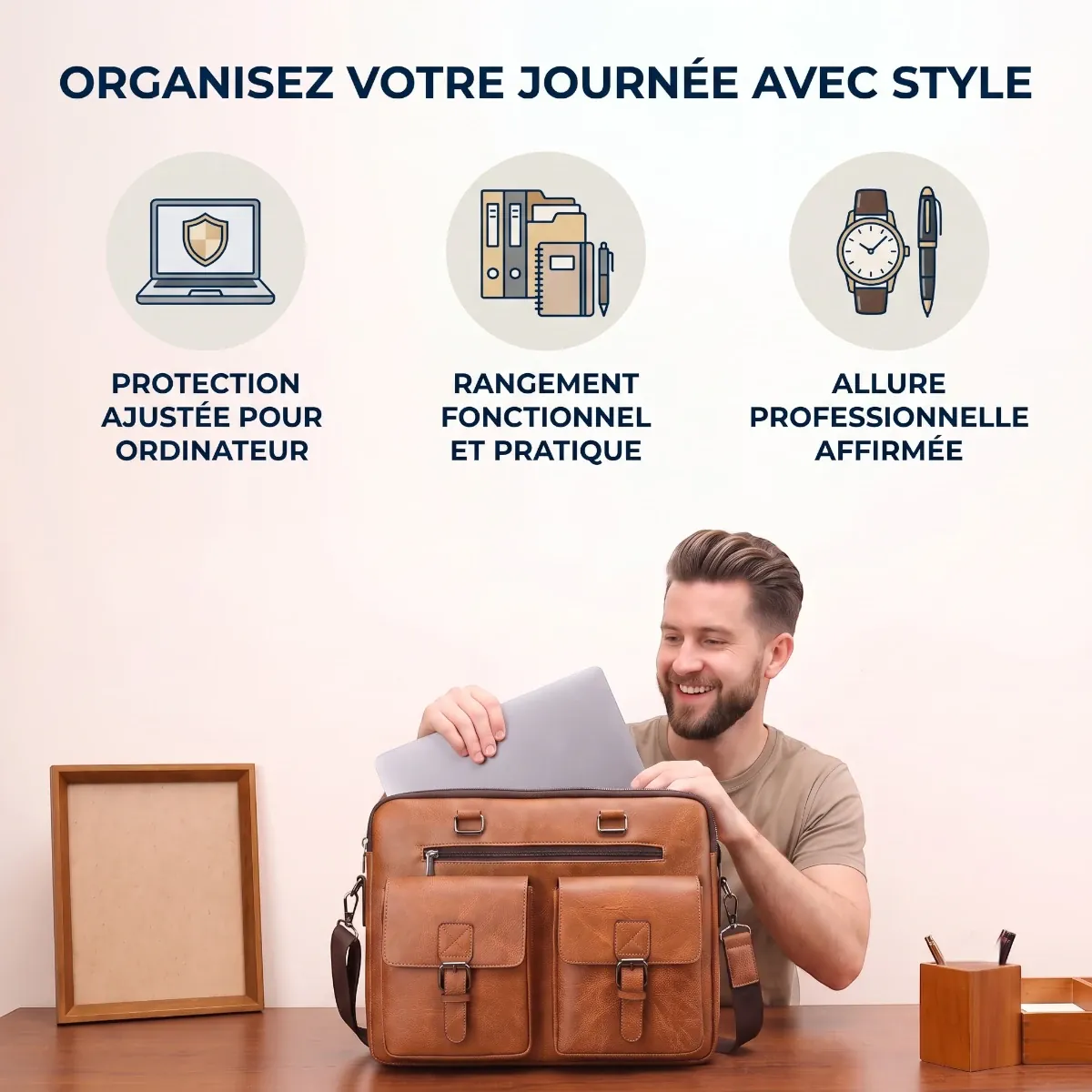 Infographie des bénéfices du cartable homme Bifolio : protection ajustée pour ordinateur, rangement fonctionnel et allure professionnelle.