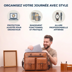 Infographie des bénéfices du cartable homme Bifolio : protection ajustée pour ordinateur, rangement fonctionnel et allure professionnelle.