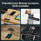 Exemples d'utilisation de l'organisateur de câbles Silent Grid : bureau, voiture et management de flux multi-écrans.