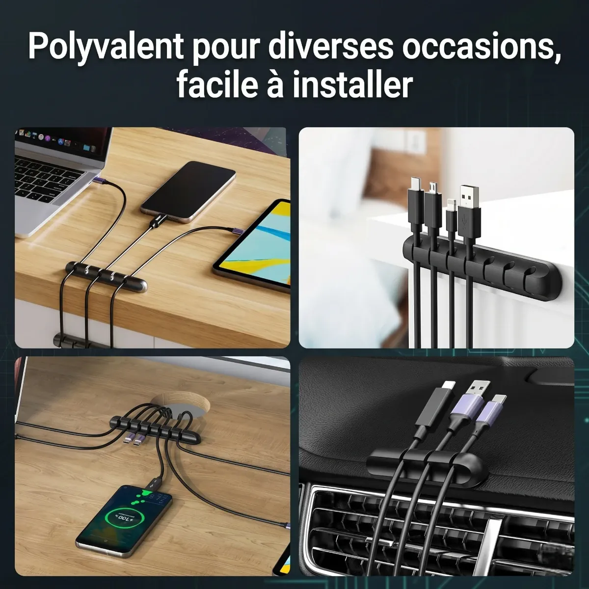 Exemples d'utilisation de l'organisateur de câbles Silent Grid : bureau, voiture et management de flux multi-écrans.