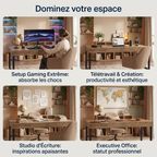 Quatre mises en situation du bureau en bois TimberForge : gaming, télétravail, écriture et bureau de direction