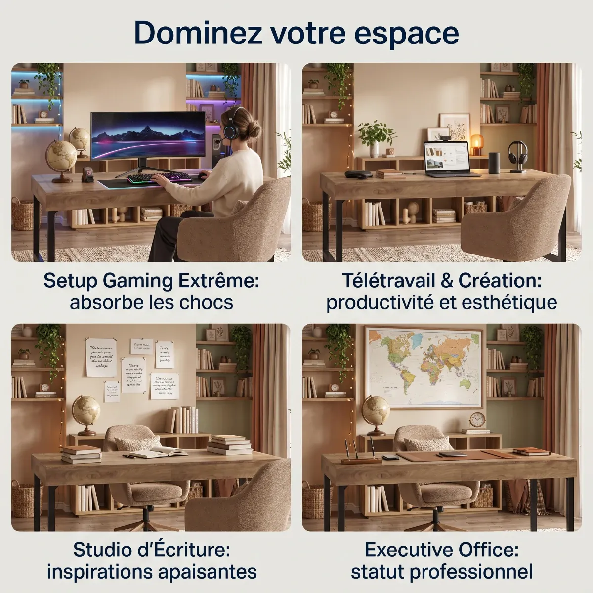 Quatre mises en situation du bureau en bois TimberForge : gaming, télétravail, écriture et bureau de direction