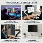 Quatre configurations d'utilisation du bras AeroFlex : setup gaming, bureautique pro, mode créatif portrait et design épuré.