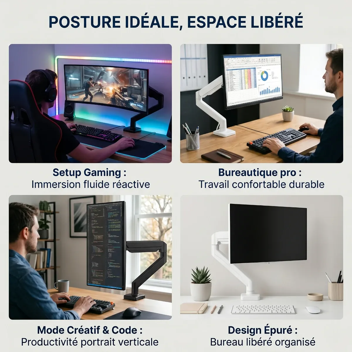 Quatre configurations d'utilisation du bras AeroFlex : setup gaming, bureautique pro, mode créatif portrait et design épuré.