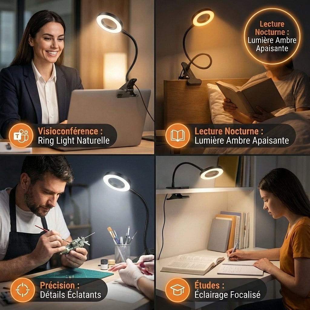 Mise en situation de la lampe de bureau Flexis pour la visioconférence, la lecture nocturne, les travaux de précision et les études.