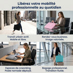 Image en 4 parties illustrant les cas d'utilisation de la sacoche ordinateur pour femme CosySleeve Pro XL : transit urbain actif, réunion business, espace de coworking et déplacement professionnel avec valise.