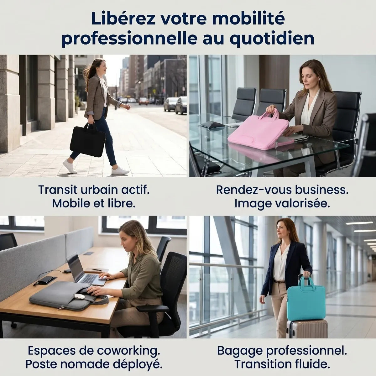 Image en 4 parties illustrant les cas d'utilisation de la sacoche ordinateur pour femme CosySleeve Pro XL : transit urbain actif, réunion business, espace de coworking et déplacement professionnel avec valise.