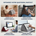 Polyvalence du socle pour tablette tactile ErgoNest : usage au lit, support tablette voiture, rehausseur bureau et dessin.