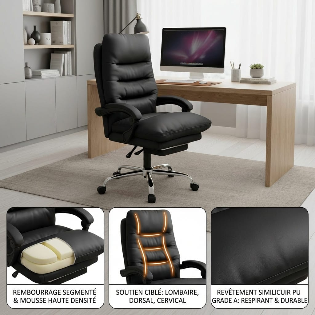 Chaise de bureau executive en similicuir noir avec soutien lombaire ciblé et rembourrage haute densité.
