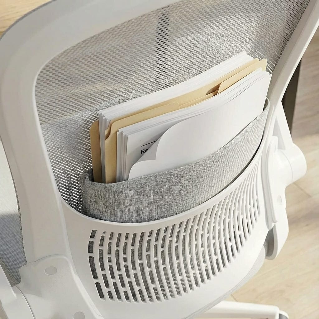 Gros plan sur le dossier en maille blanche de la chaise de bureau, montrant une poche de rangement grise intégrée contenant des documents.